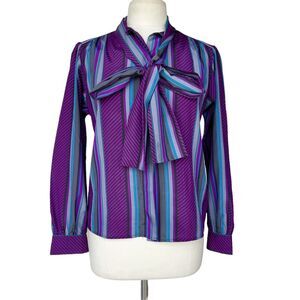 Vintage 80's Adolph Schuman for Lilli Ann Women's M Striped Bow Shirt